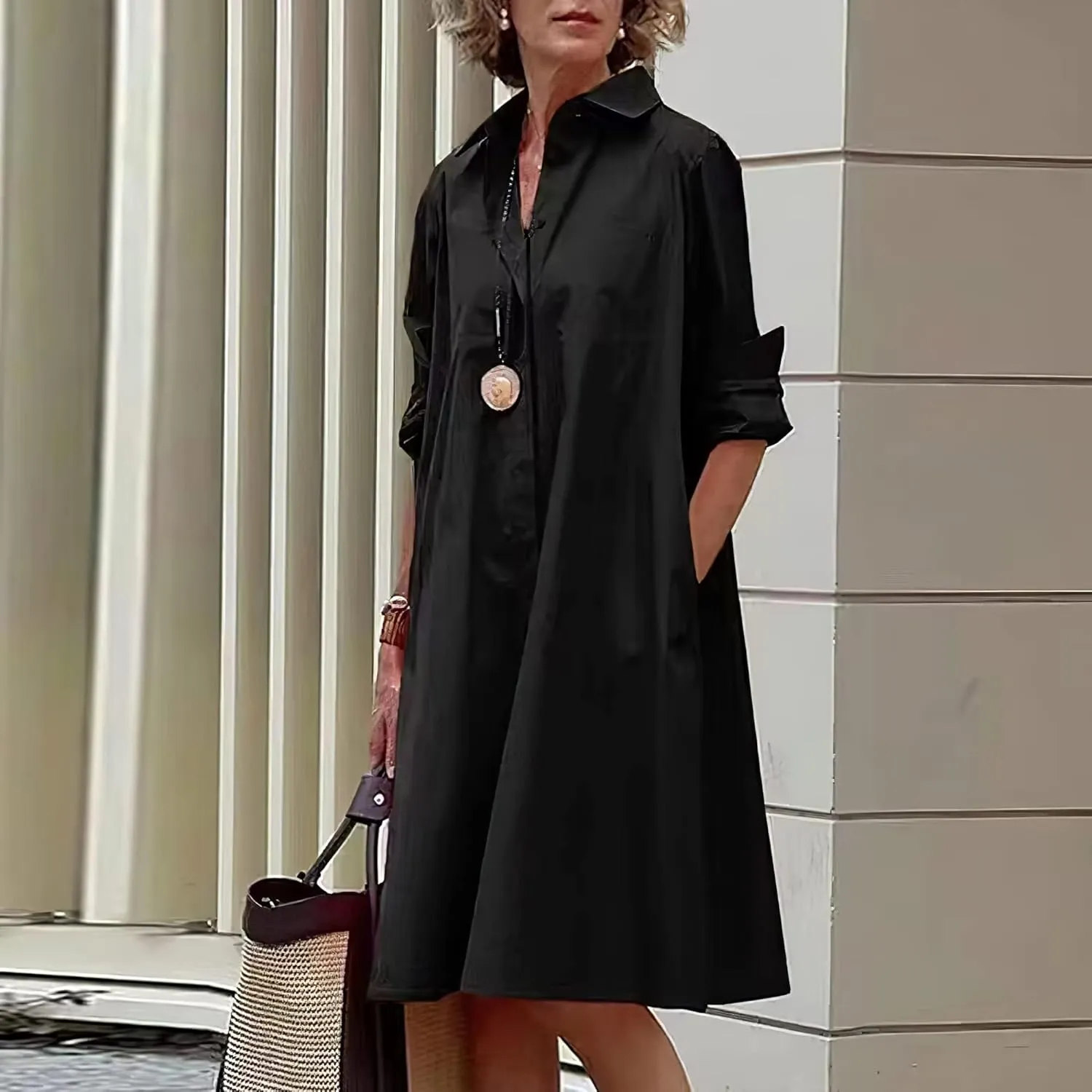 Costaric Women's Long Sleeve Button Down Shirt Dress Cotton Linen V Neck Loose Fit Casual Shirt Dresses with Pockets
