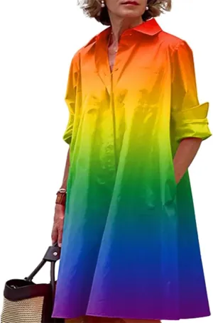 Costaric Women's Long Sleeve Button Down Shirt Dress Cotton Linen V Neck Loose Fit Casual Shirt Dresses with Pockets