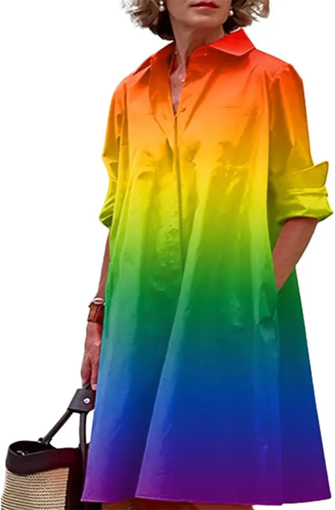 Costaric Women's Long Sleeve Button Down Shirt Dress Cotton Linen V Neck Loose Fit Casual Shirt Dresses with Pockets