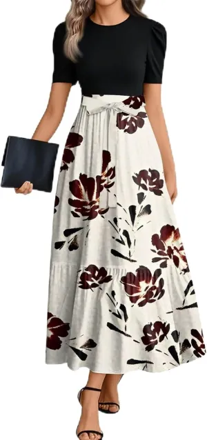 COTECRAM Summer Dresses for Women 2025 Vacation Short Sleeve Crewneck Boho Floral Spring Dress Casual A Line Flowy Maxi Dress