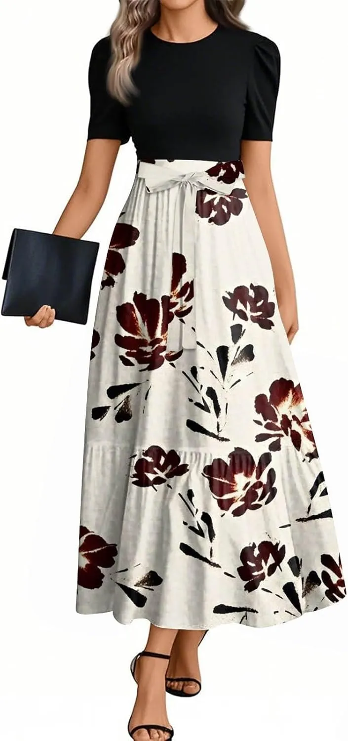 COTECRAM Summer Dresses for Women 2025 Vacation Short Sleeve Crewneck Boho Floral Spring Dress Casual A Line Flowy Maxi Dress