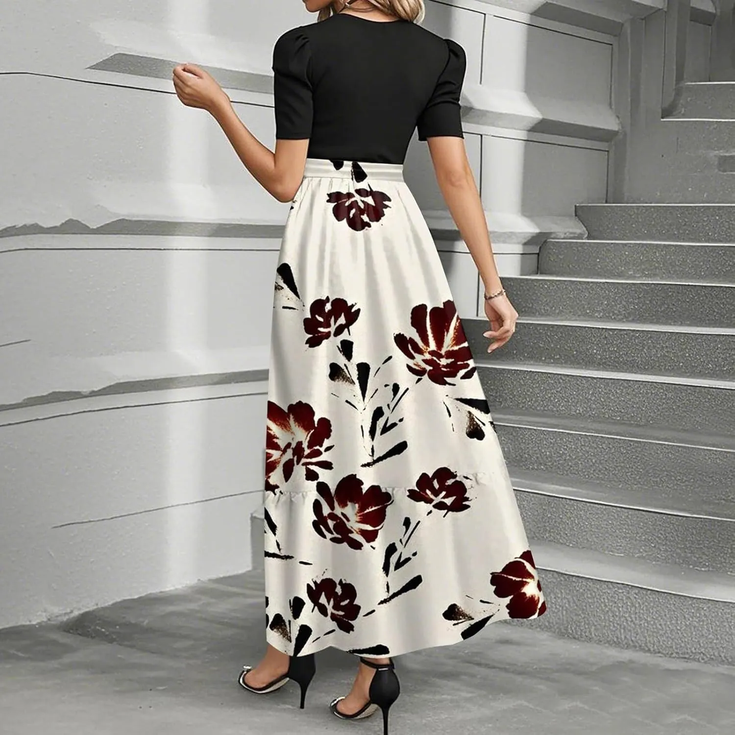 COTECRAM Summer Dresses for Women 2025 Vacation Short Sleeve Crewneck Boho Floral Spring Dress Casual A Line Flowy Maxi Dress