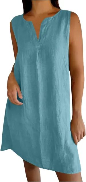 Cotton Linen Tank Dress for Women Sleeveless V Neck Beach Tshirt Sundress 2025 Summer Solid Lightweight Mini Dresses