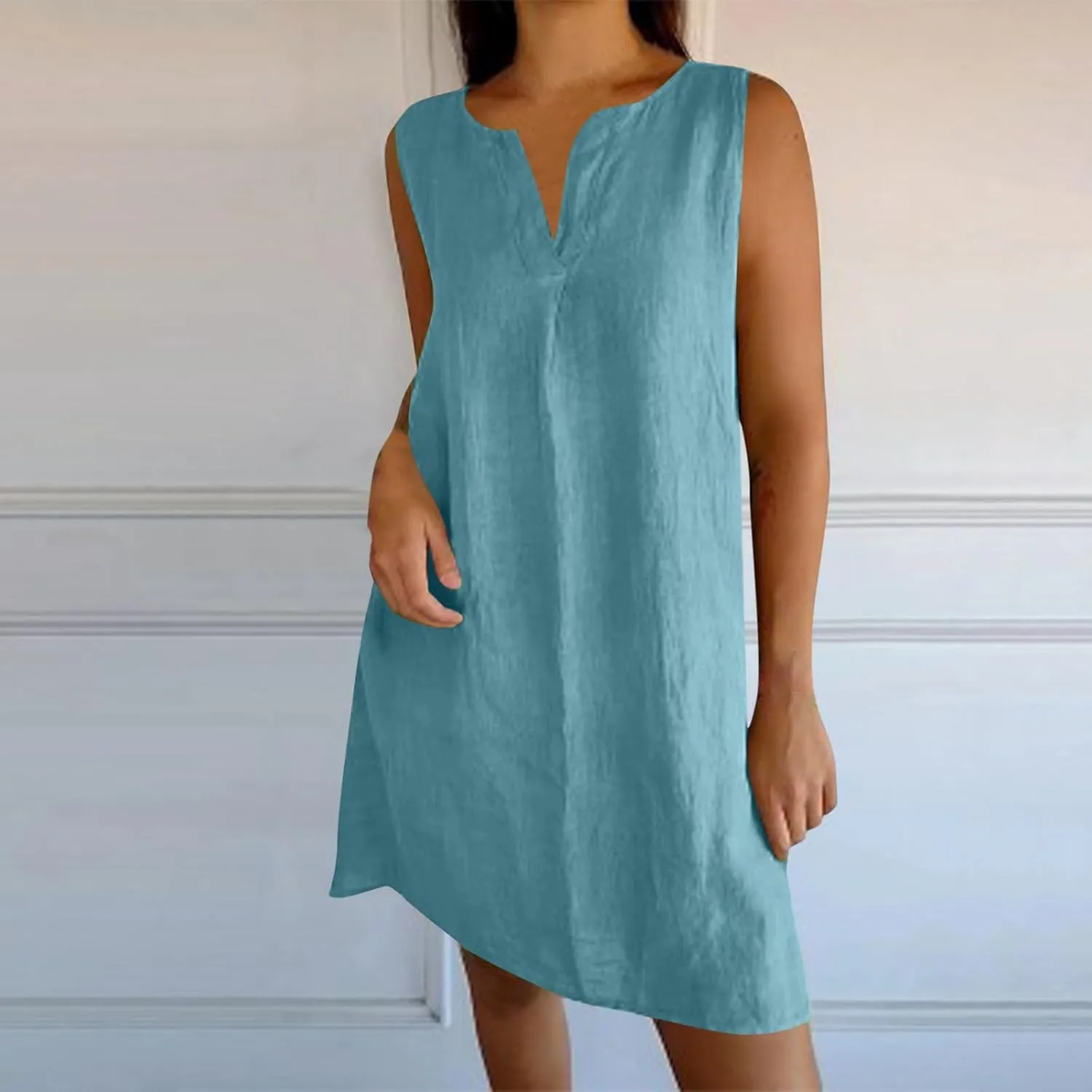 Cotton Linen Tank Dress for Women Sleeveless V Neck Beach Tshirt Sundress 2025 Summer Solid Lightweight Mini Dresses