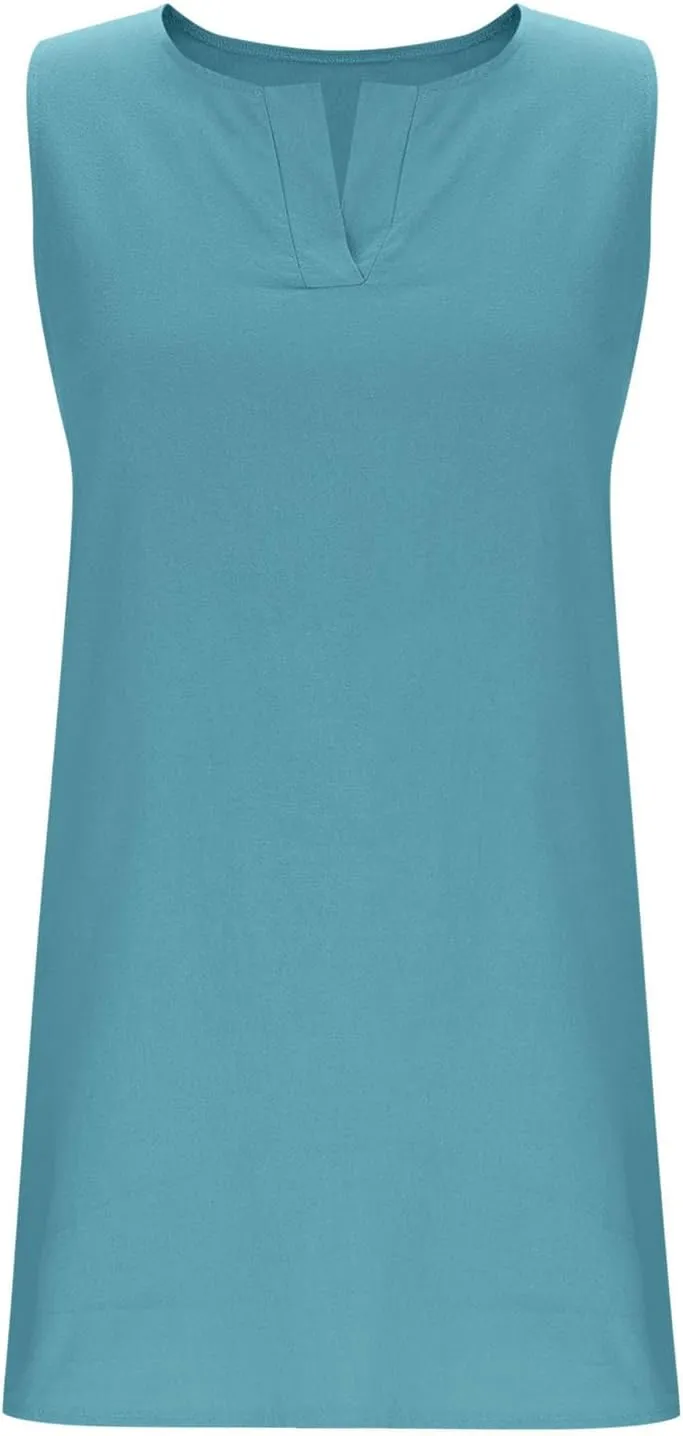 Cotton Linen Tank Dress for Women Sleeveless V Neck Beach Tshirt Sundress 2025 Summer Solid Lightweight Mini Dresses