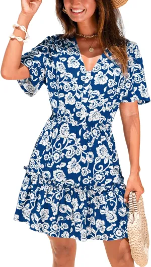 CUPSHE Women Floral Ruffle Summer Dress 2025 Button Front Smocked Waist Casual Sundress Holiday Vacation Beach Mini Dress