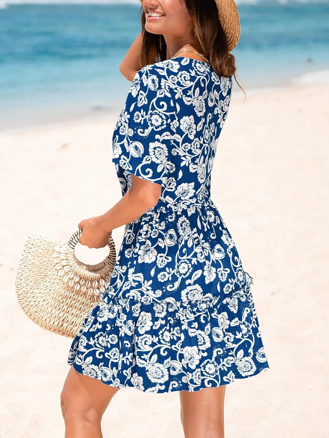 CUPSHE Women Floral Ruffle Summer Dress 2025 Button Front Smocked Waist Casual Sundress Holiday Vacation Beach Mini Dress