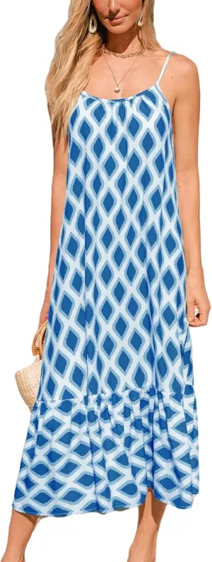 CUPSHE Women Ruffle Summer Dresses 2025 Spaghetti Strap Backless Scoop Neck Smocked Casual Flowy Boho Midi Maxi Dress