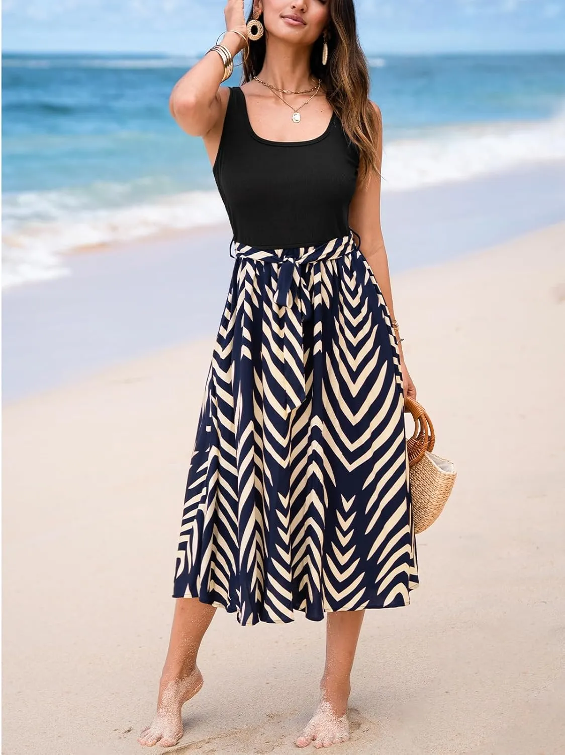 CUPSHE Women's Ruffle Floral Midi Summer Dress Square Neck Waist Tie Casual Sundress Beach Vacation Holiday Dress