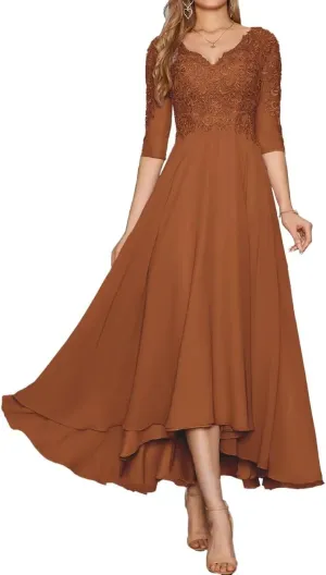 Dexinyuan 3/4 Sleeve Mother of The Bride Dresses for Wedding Lace Chiffon Tea Length Formal Party Gowns