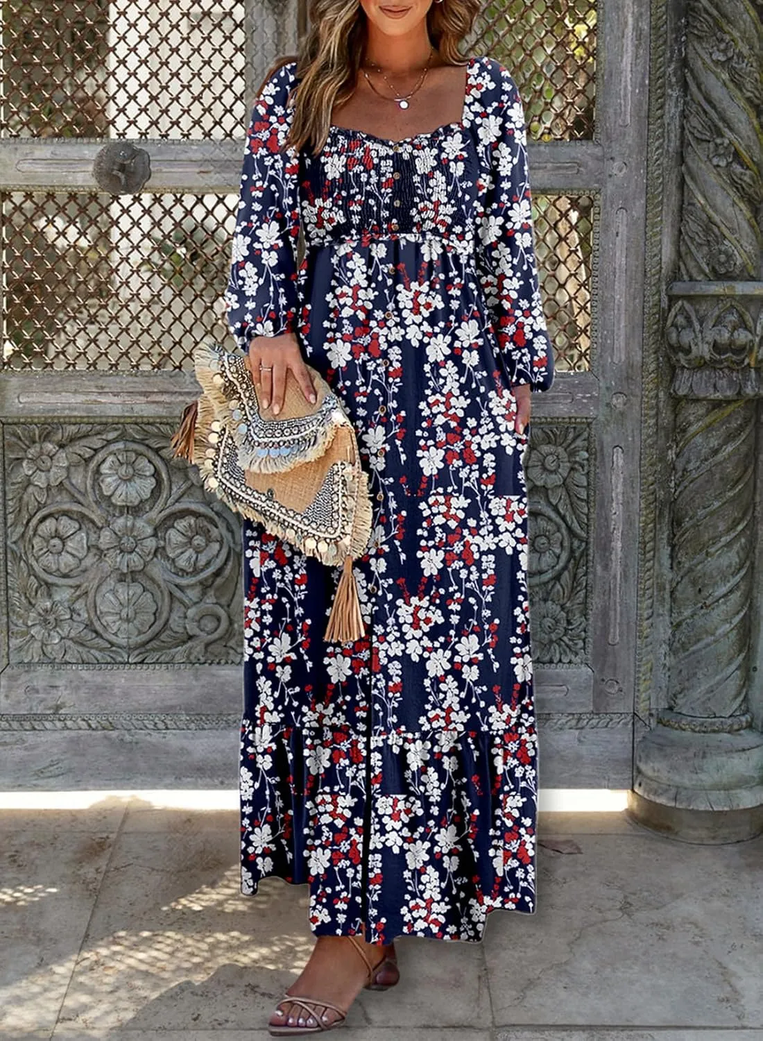Dokotoo Spring Dresses for Women 2025 Boho Floral Smocked Square Neck Long Sleeve Button Down Beach Long Maxi Dress Sundress