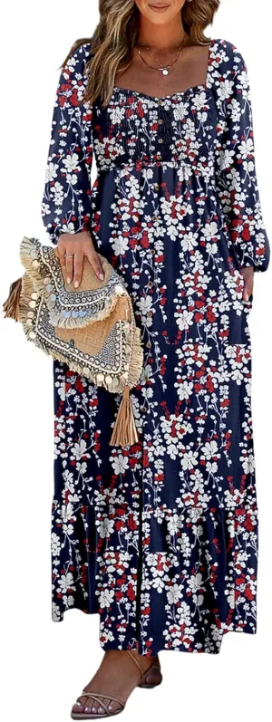 Dokotoo Spring Dresses for Women 2025 Boho Floral Smocked Square Neck Long Sleeve Button Down Beach Long Maxi Dress Sundress