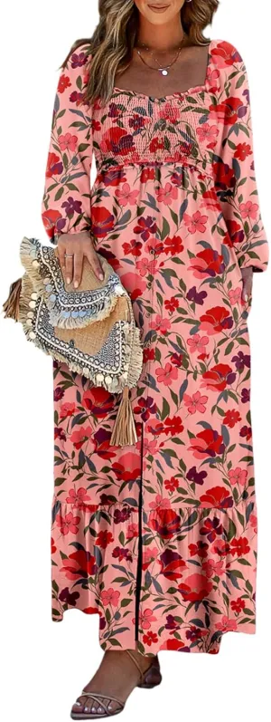 Dokotoo Spring Dresses for Women 2025 Boho Floral Smocked Square Neck Long Sleeve Button Down Beach Long Maxi Dress Sundress