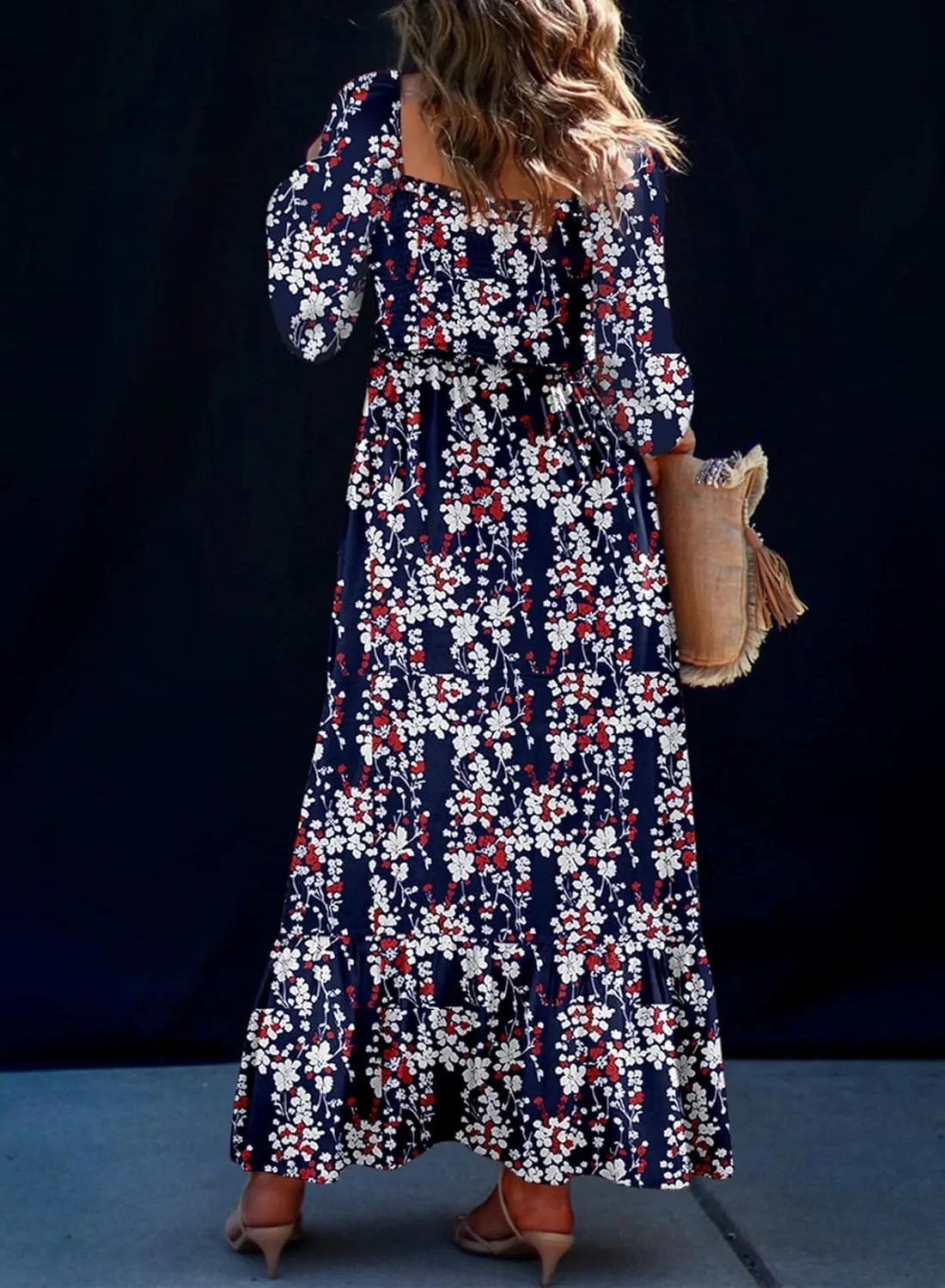 Dokotoo Spring Dresses for Women 2025 Boho Floral Smocked Square Neck Long Sleeve Button Down Beach Long Maxi Dress Sundress