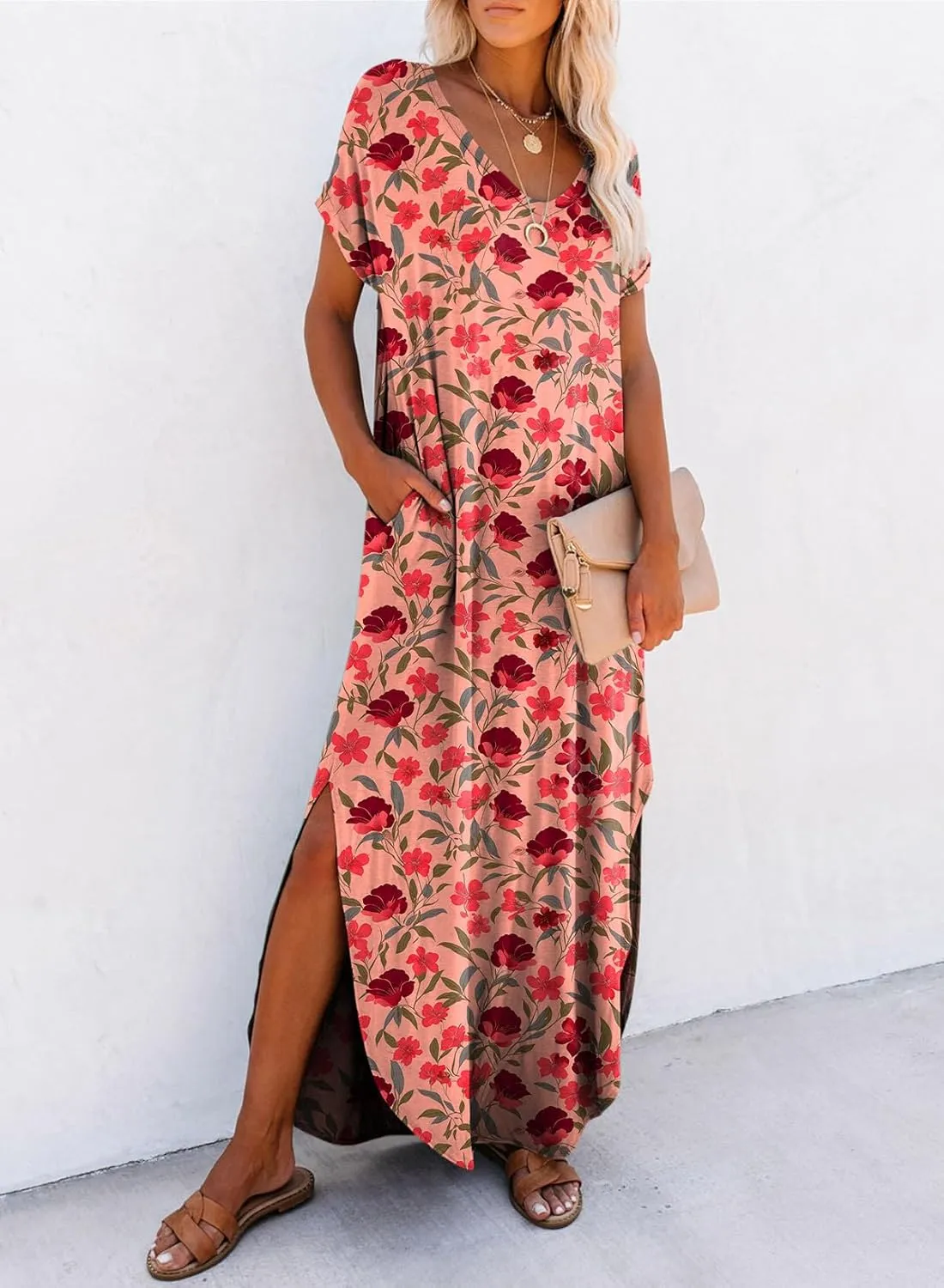 Dokotoo Womens Summer Dresses 2025 Short Sleeve Long T Shirt Dress Split Maxi Dress Beach Sundresses with Pockets