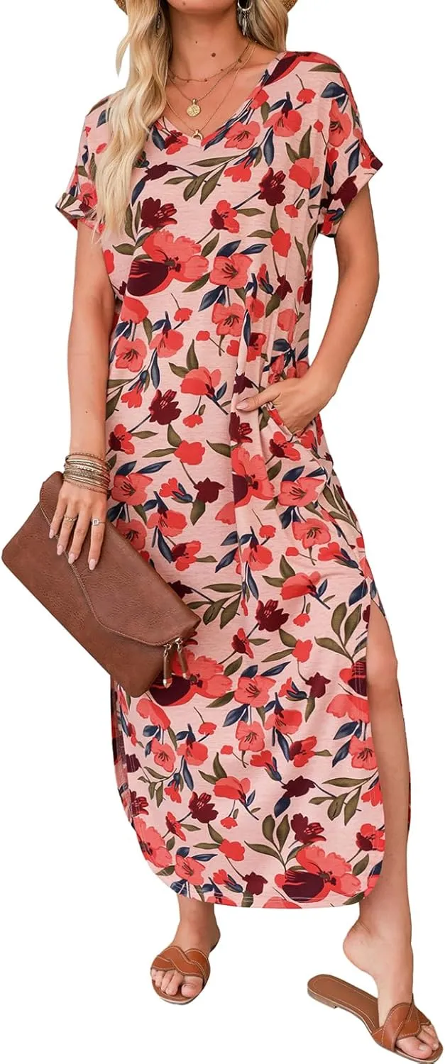 Dokotoo Womens Summer Dresses 2025 Short Sleeve Long T Shirt Dress Split Maxi Dress Beach Sundresses with Pockets