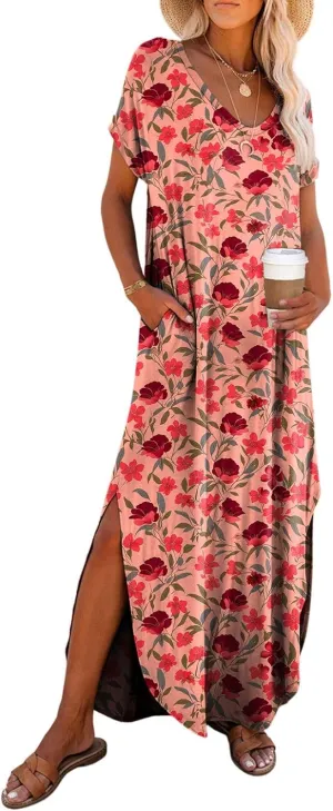Dokotoo Womens Summer Dresses 2025 Short Sleeve Long T Shirt Dress Split Maxi Dress Beach Sundresses with Pockets