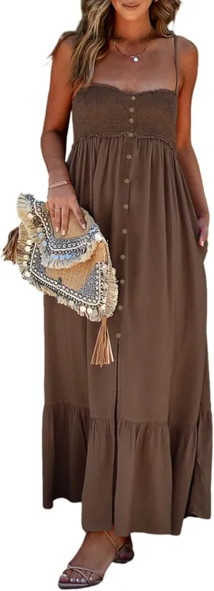 Dokotoo Womens Summer Dresses 2025 Sleeveless Spaghetti Strap Button Down Smocked Beach Vacation Long Maxi Dress with Pockets