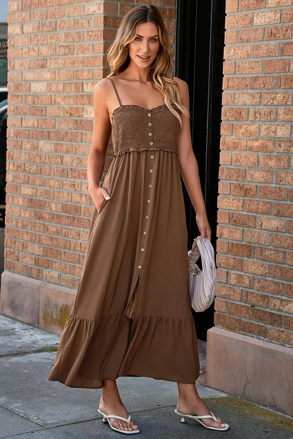 Dokotoo Womens Summer Dresses 2025 Sleeveless Spaghetti Strap Button Down Smocked Beach Vacation Long Maxi Dress with Pockets