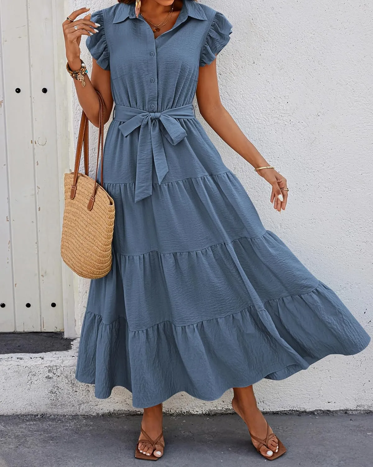 dowerme Women's Summer Casual Dresses 2025 Cap Ruffle Sleeve V Neck Button Belted Tiered Boho Maxi Dress with Pockets