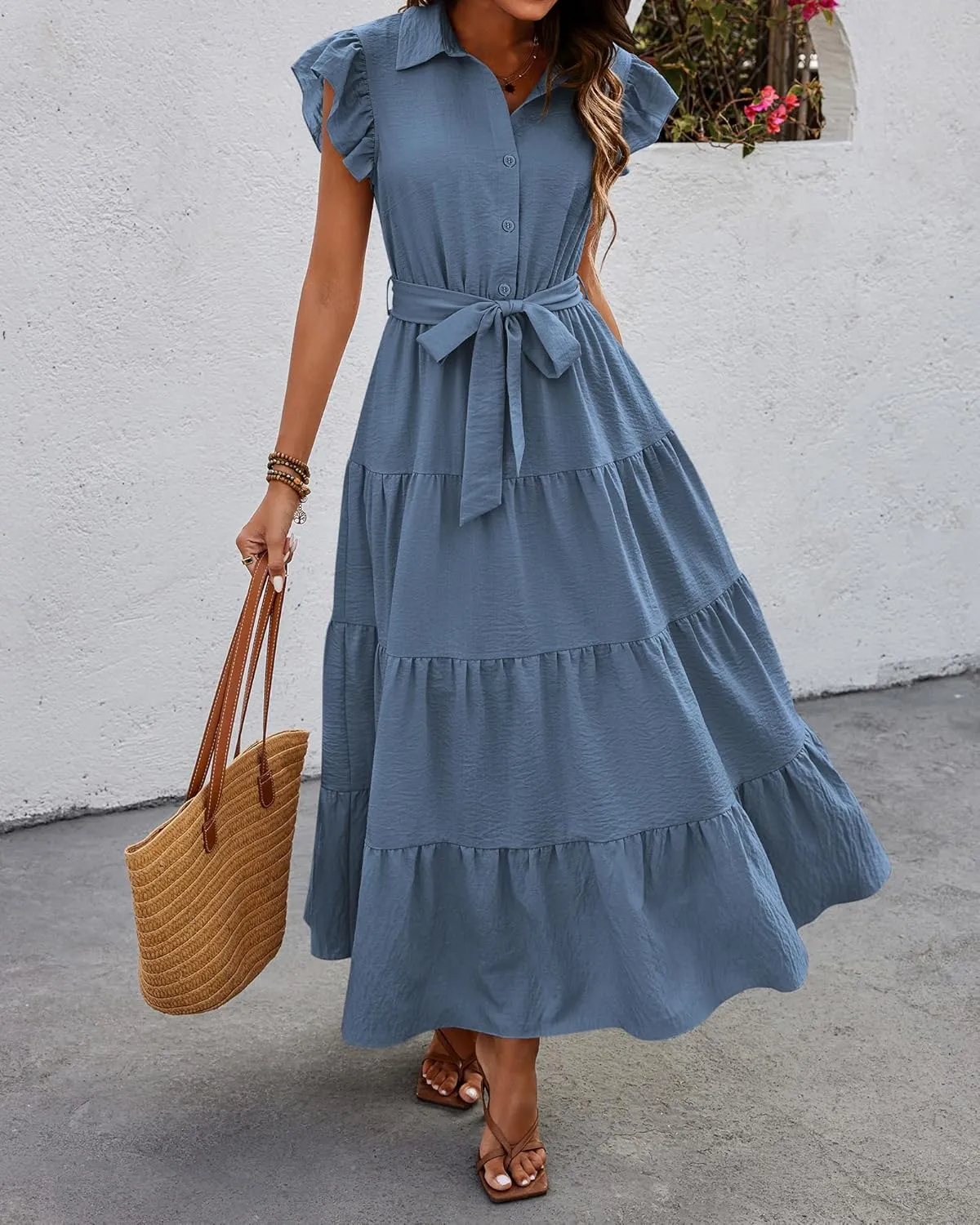 dowerme Women's Summer Casual Dresses 2025 Cap Ruffle Sleeve V Neck Button Belted Tiered Boho Maxi Dress with Pockets
