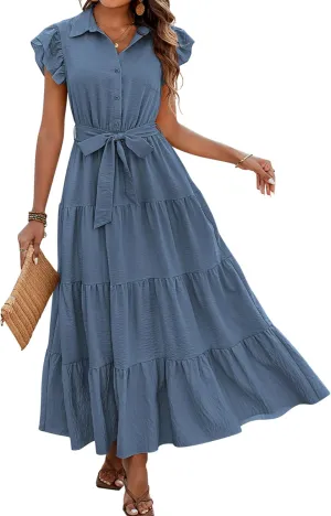 dowerme Women's Summer Casual Dresses 2025 Cap Ruffle Sleeve V Neck Button Belted Tiered Boho Maxi Dress with Pockets
