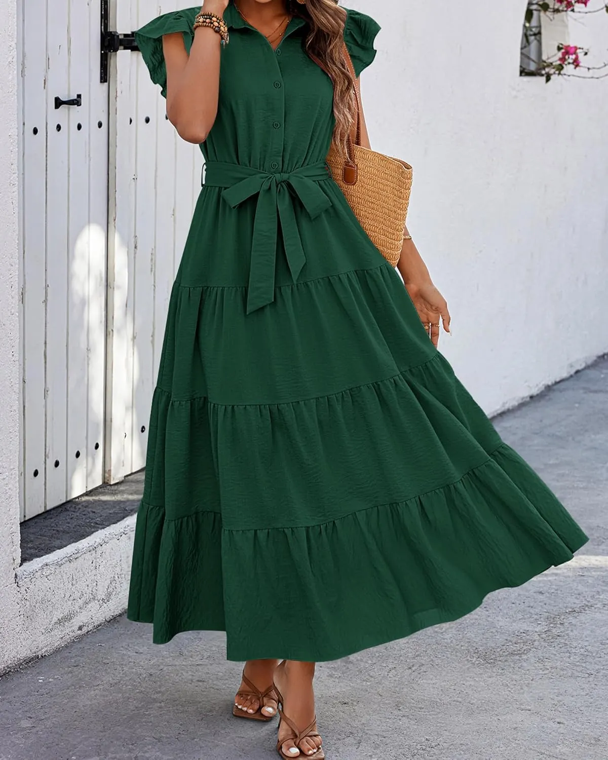 dowerme Women's Summer Casual Dresses 2025 Cap Ruffle Sleeve V Neck Button Belted Tiered Boho Maxi Dress with Pockets