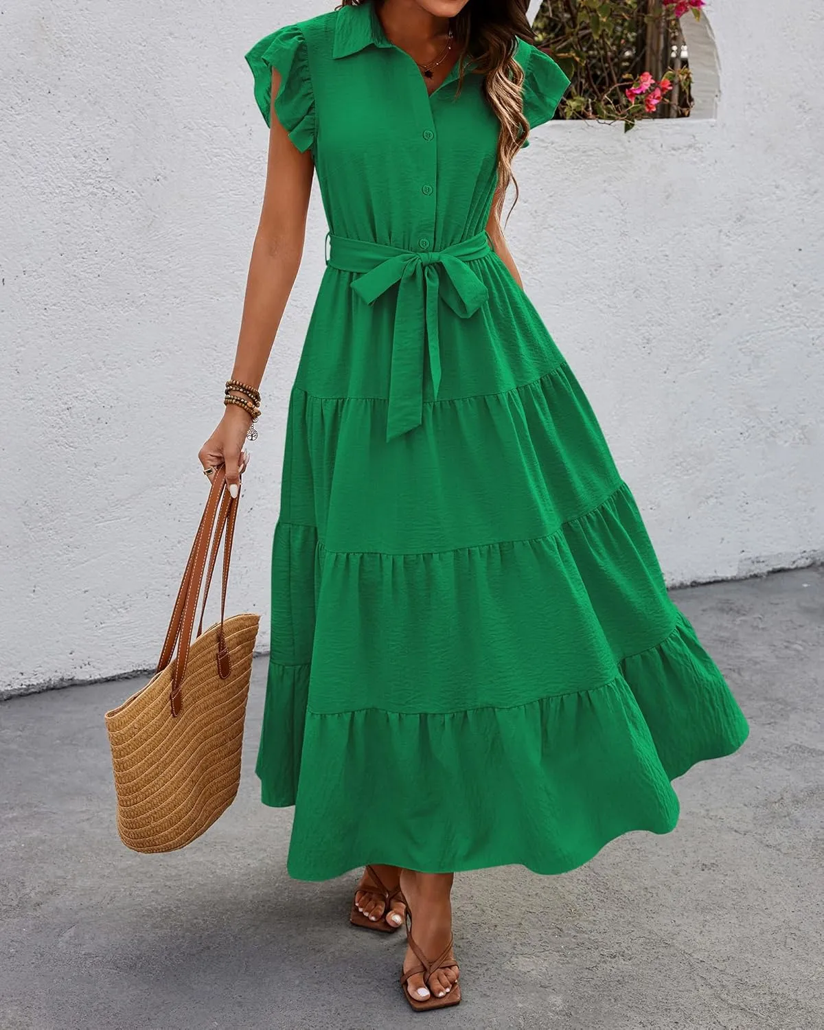 dowerme Women's Summer Casual Dresses 2025 Cap Ruffle Sleeve V Neck Button Belted Tiered Boho Maxi Dress with Pockets