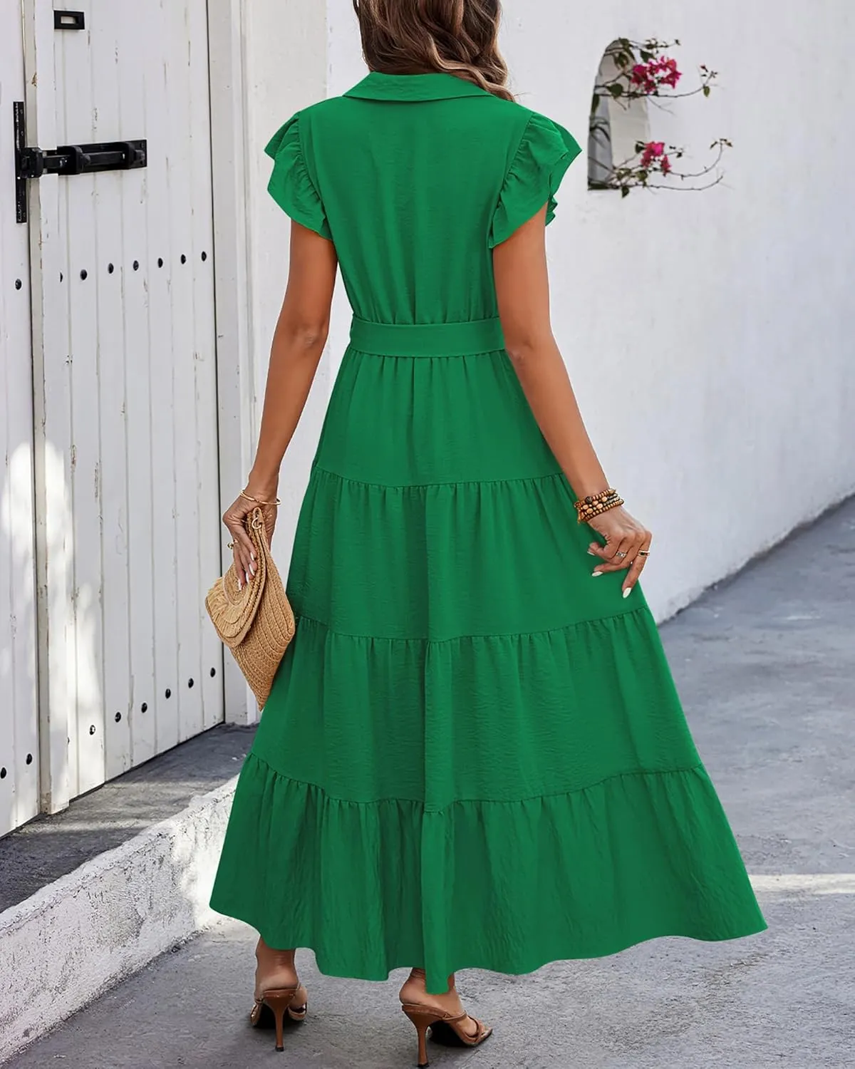 dowerme Women's Summer Casual Dresses 2025 Cap Ruffle Sleeve V Neck Button Belted Tiered Boho Maxi Dress with Pockets