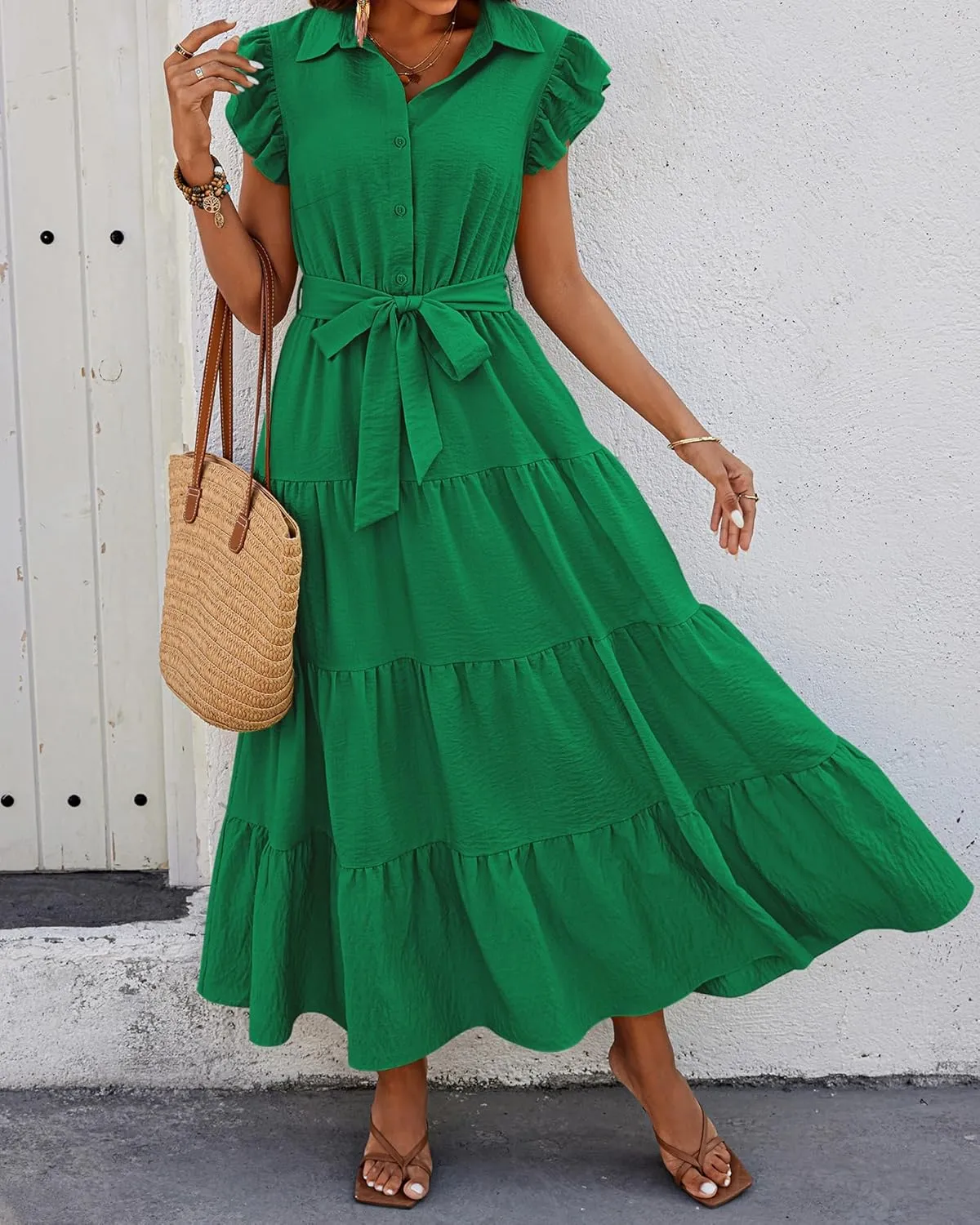 dowerme Women's Summer Casual Dresses 2025 Cap Ruffle Sleeve V Neck Button Belted Tiered Boho Maxi Dress with Pockets