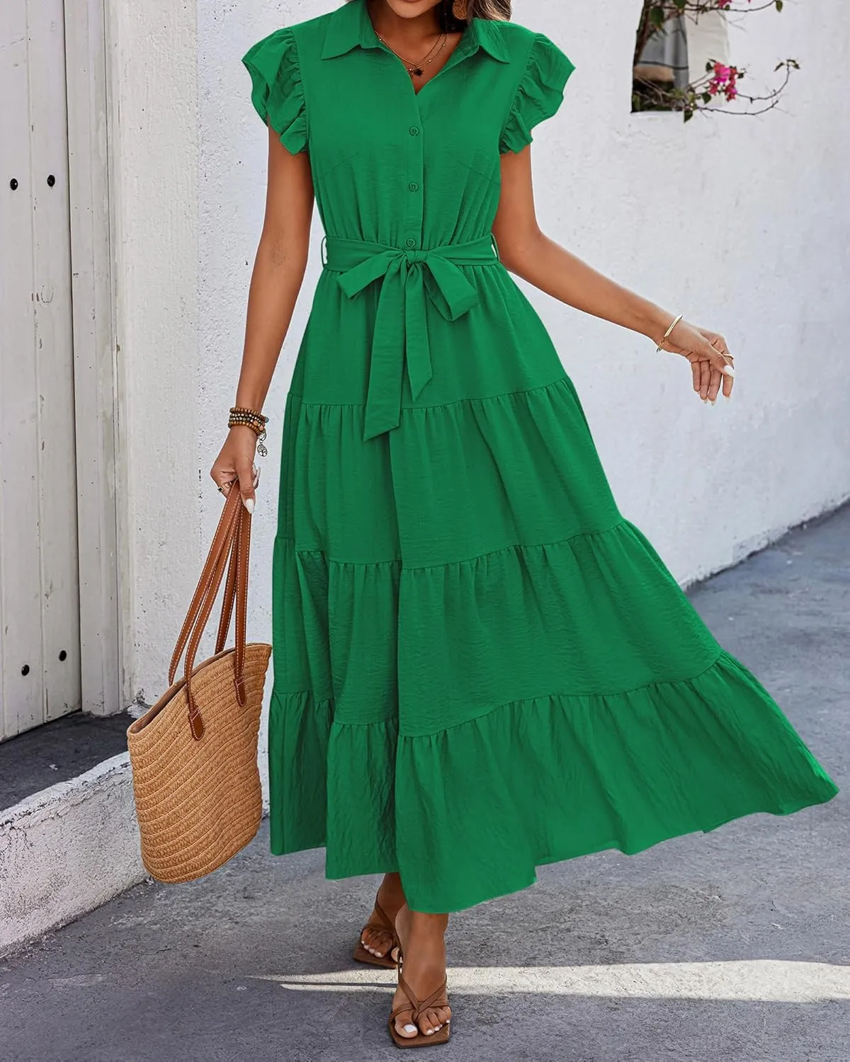 dowerme Women's Summer Casual Dresses 2025 Cap Ruffle Sleeve V Neck Button Belted Tiered Boho Maxi Dress with Pockets