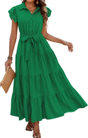 dowerme Women's Summer Casual Dresses 2025 Cap Ruffle Sleeve V Neck Button Belted Tiered Boho Maxi Dress with Pockets