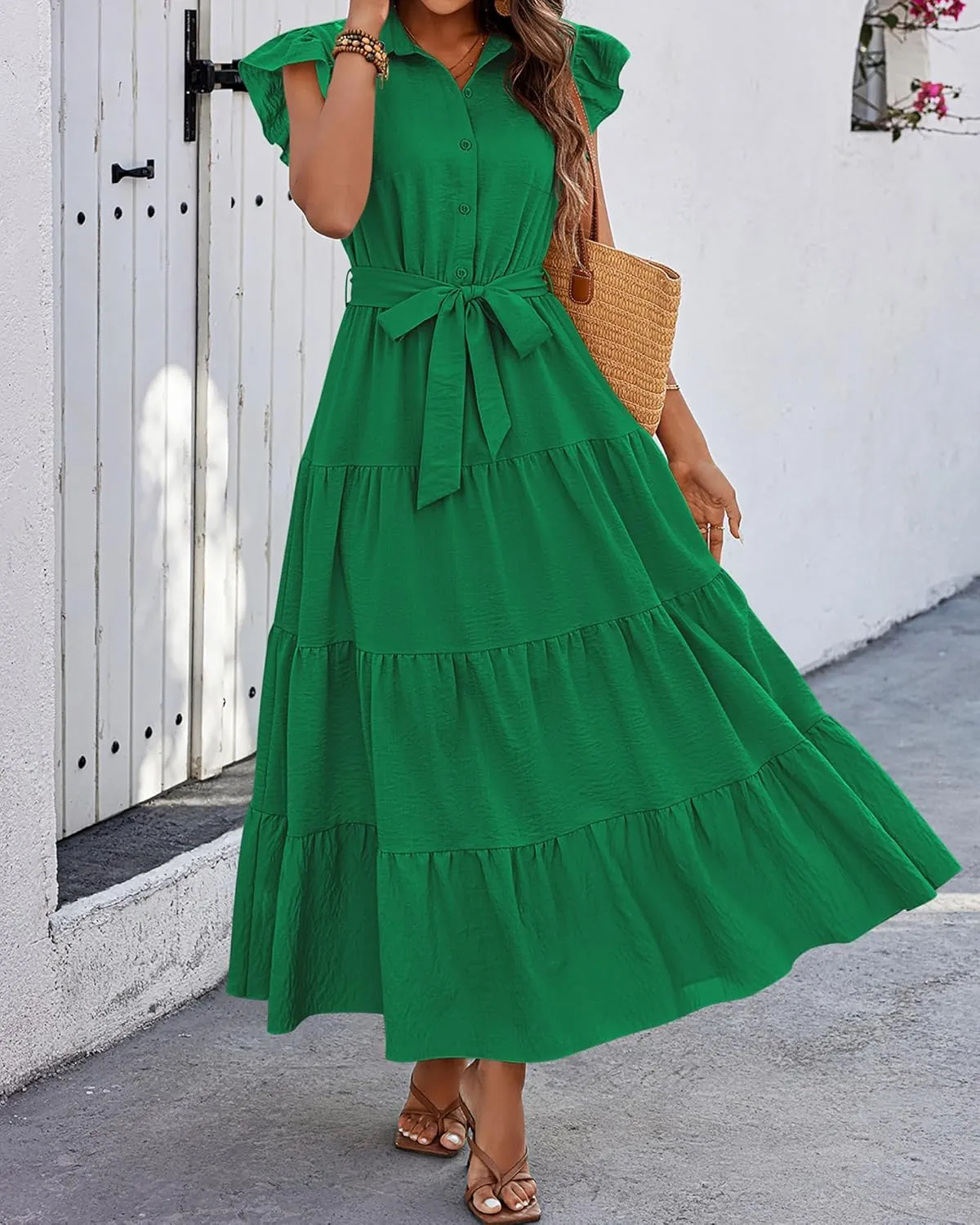 dowerme Women's Summer Casual Dresses 2025 Cap Ruffle Sleeve V Neck Button Belted Tiered Boho Maxi Dress with Pockets