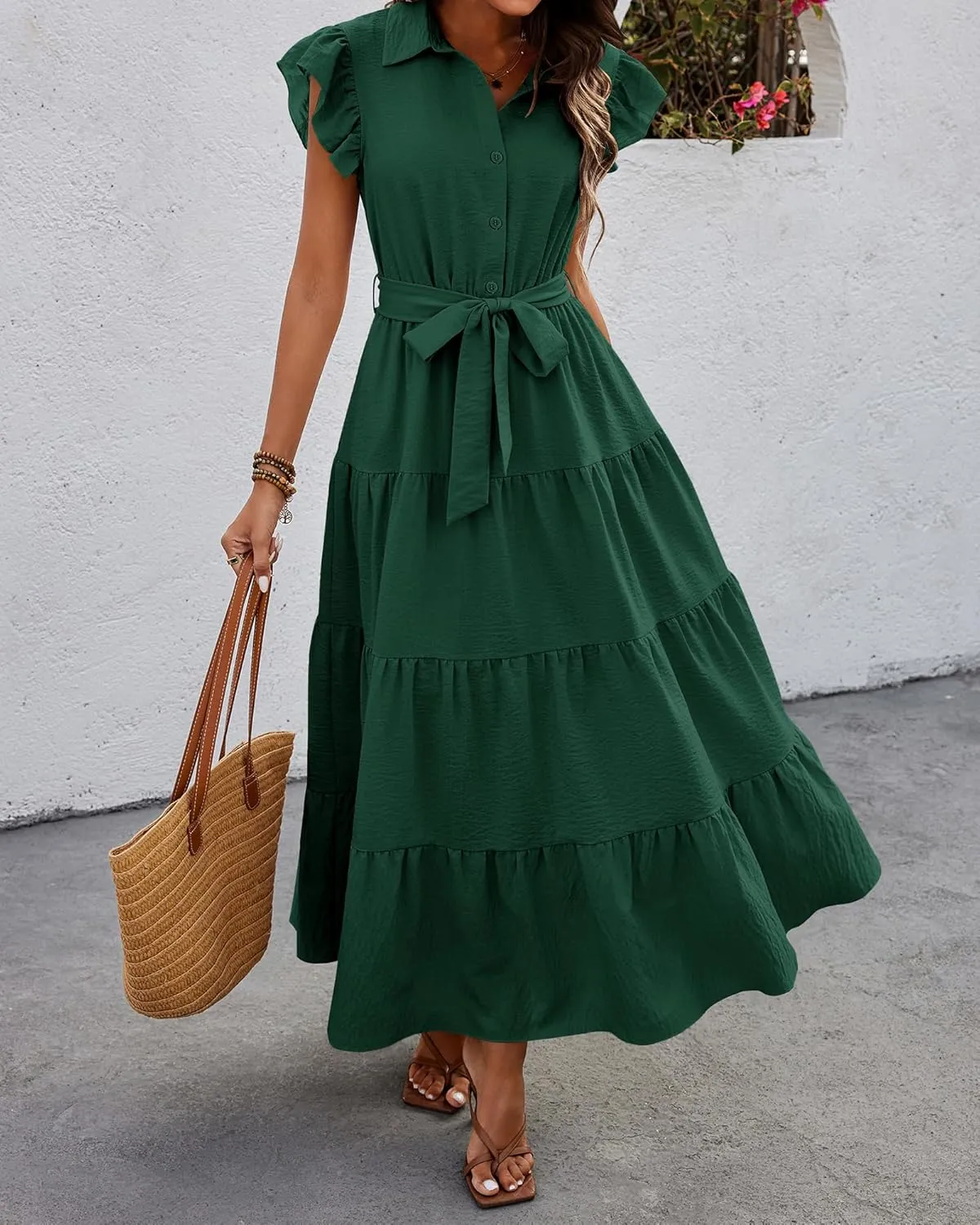 dowerme Women's Summer Casual Dresses 2025 Cap Ruffle Sleeve V Neck Button Belted Tiered Boho Maxi Dress with Pockets