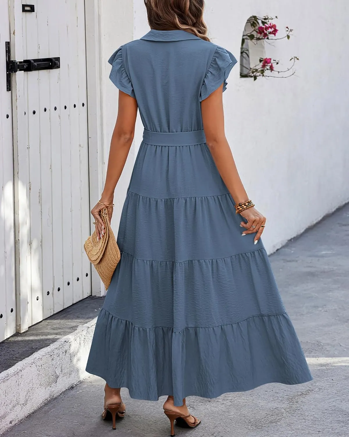 dowerme Women's Summer Casual Dresses 2025 Cap Ruffle Sleeve V Neck Button Belted Tiered Boho Maxi Dress with Pockets