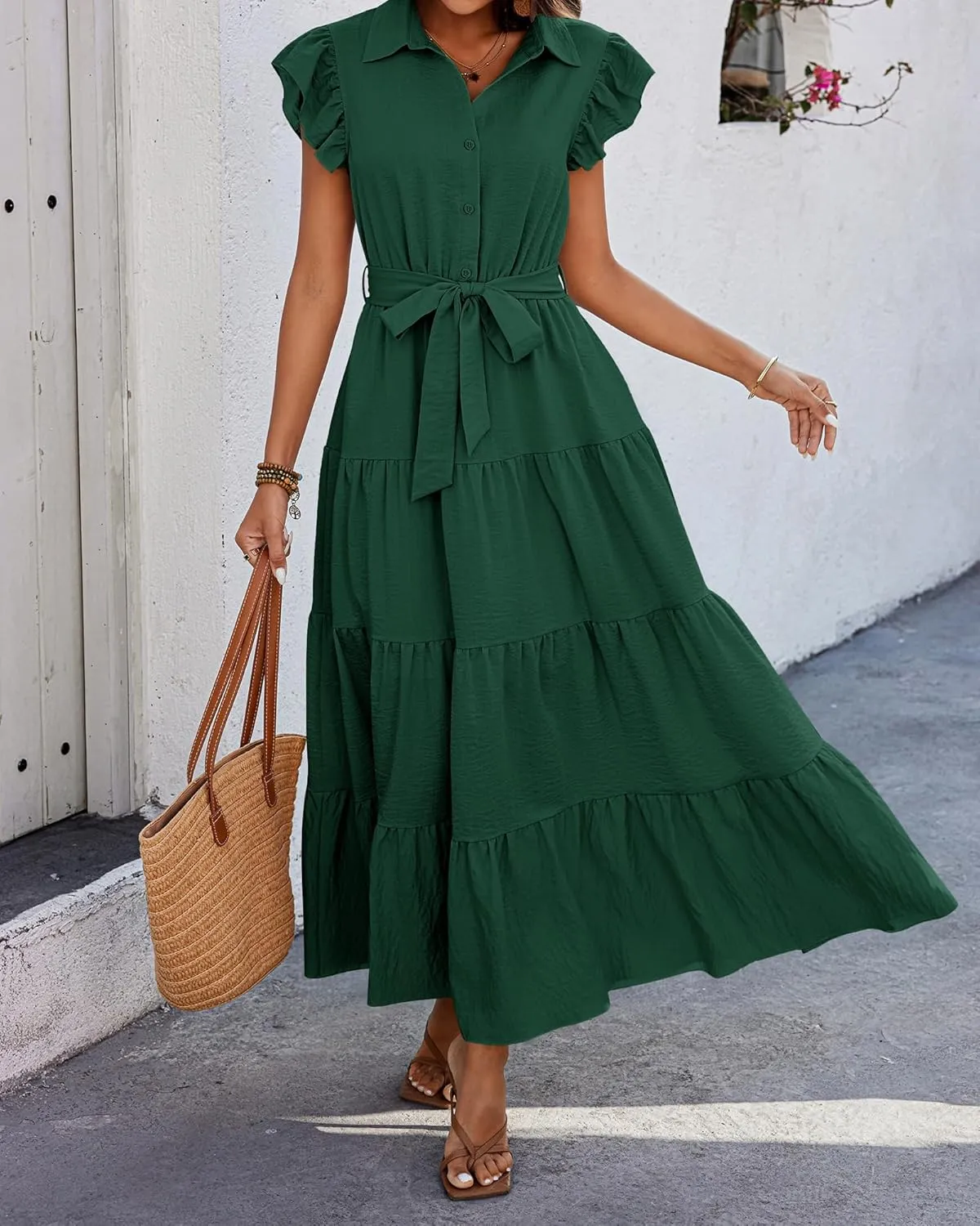 dowerme Women's Summer Casual Dresses 2025 Cap Ruffle Sleeve V Neck Button Belted Tiered Boho Maxi Dress with Pockets