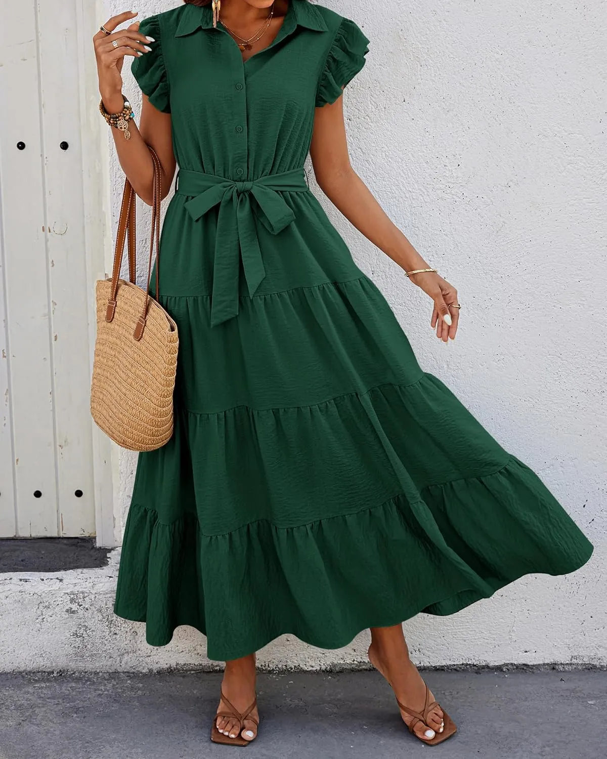 dowerme Women's Summer Casual Dresses 2025 Cap Ruffle Sleeve V Neck Button Belted Tiered Boho Maxi Dress with Pockets