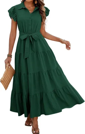 dowerme Women's Summer Casual Dresses 2025 Cap Ruffle Sleeve V Neck Button Belted Tiered Boho Maxi Dress with Pockets