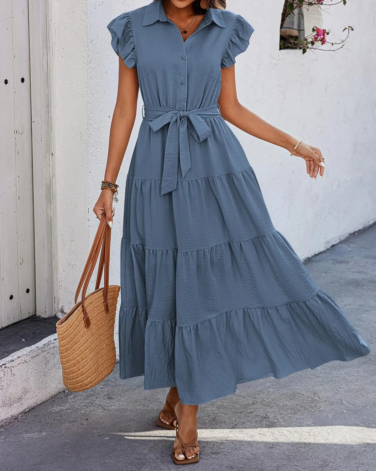dowerme Women's Summer Casual Dresses 2025 Cap Ruffle Sleeve V Neck Button Belted Tiered Boho Maxi Dress with Pockets