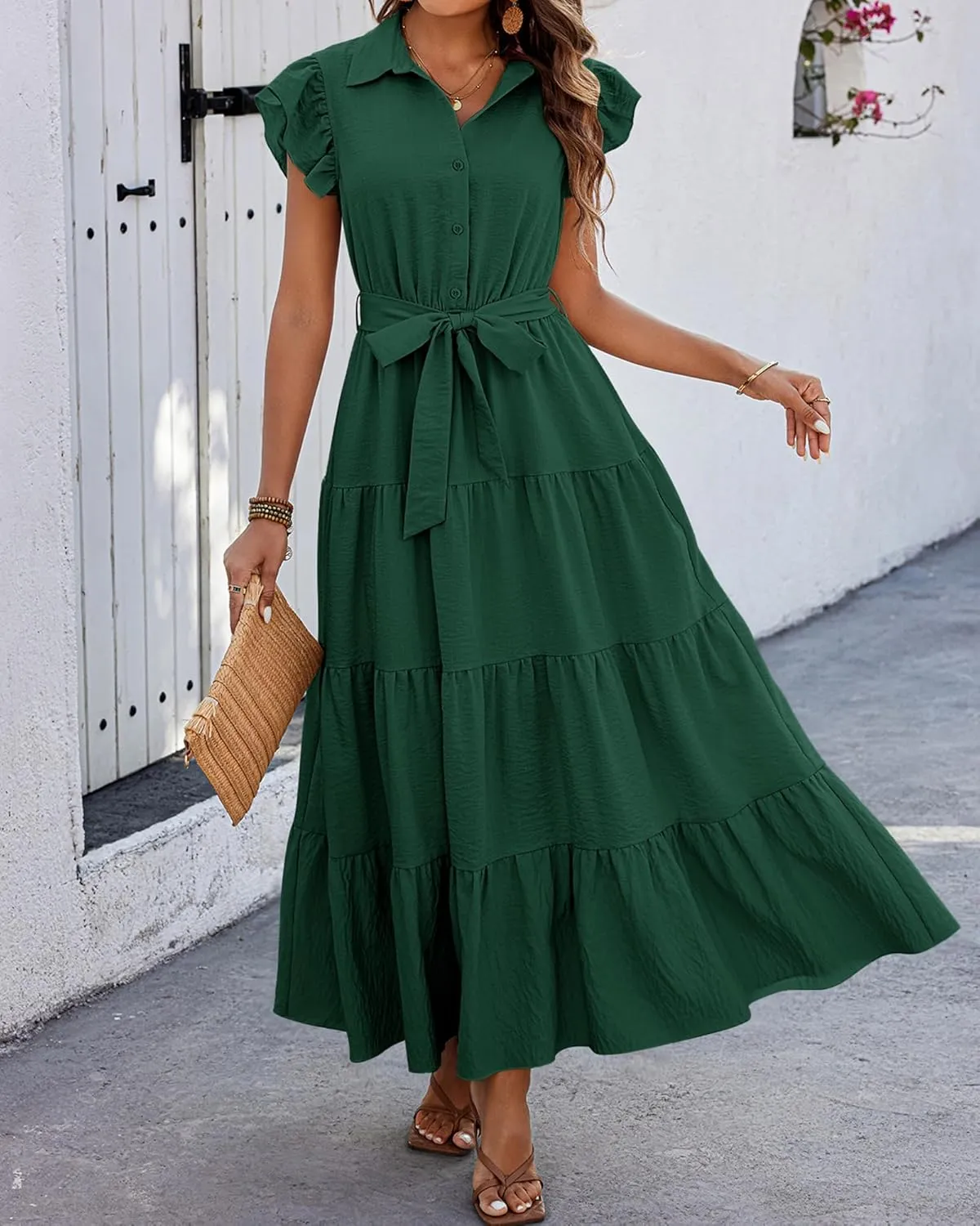dowerme Women's Summer Casual Dresses 2025 Cap Ruffle Sleeve V Neck Button Belted Tiered Boho Maxi Dress with Pockets