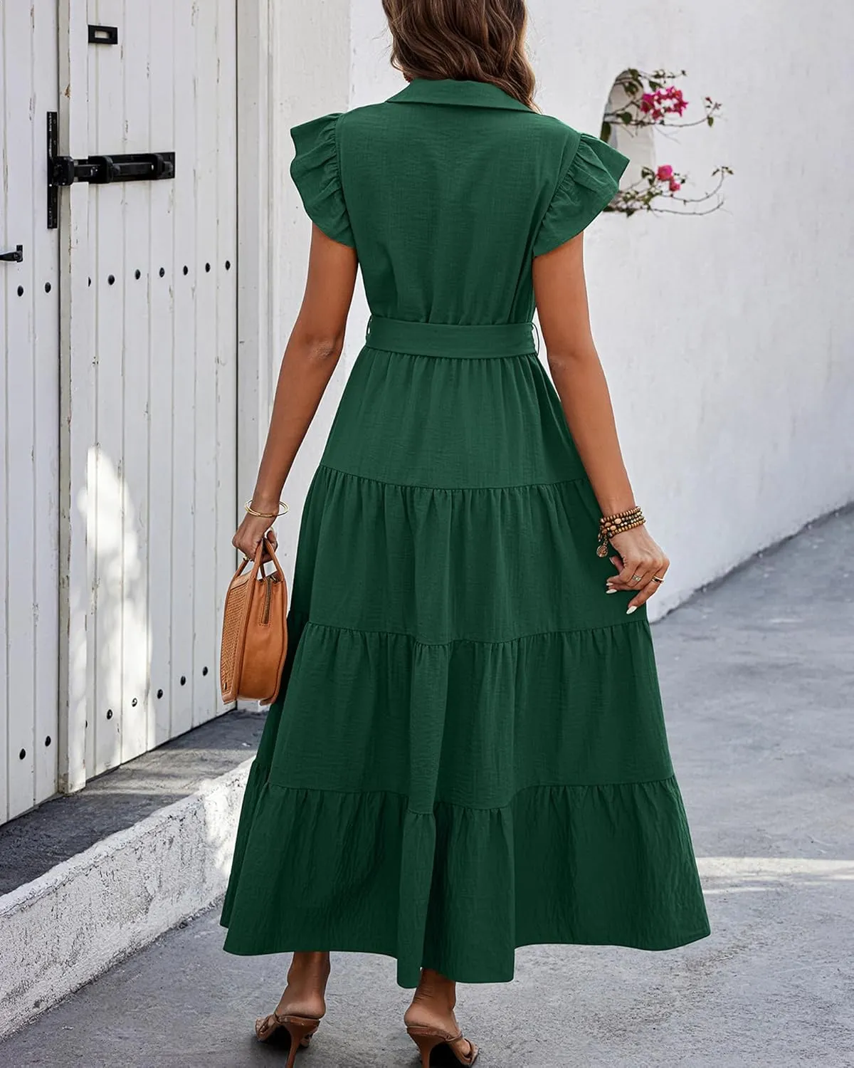 dowerme Women's Summer Casual Dresses 2025 Cap Ruffle Sleeve V Neck Button Belted Tiered Boho Maxi Dress with Pockets
