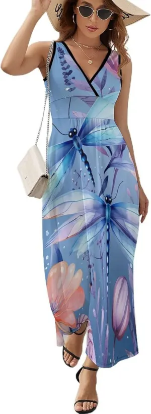 Dragonflies and Flowers Women's Sleeveless V-Neck Maxi Dress Long Casual Summer Sundress
