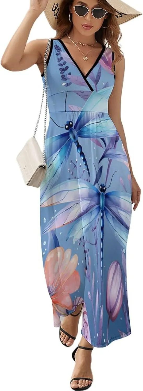 Dragonflies and Flowers Women's Sleeveless V-Neck Maxi Dress Long Casual Summer Sundress