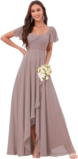 DREAMIND Long Chiffon Bridesmaid Dresses for Women Flutter Sleeve Formal Evening Dress with Slit CY0075