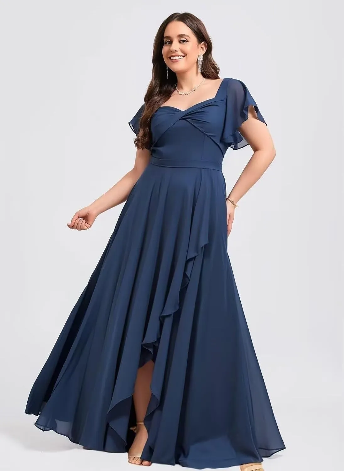 DREAMIND Long Chiffon Bridesmaid Dresses for Women Flutter Sleeve Formal Evening Dress with Slit CY0075