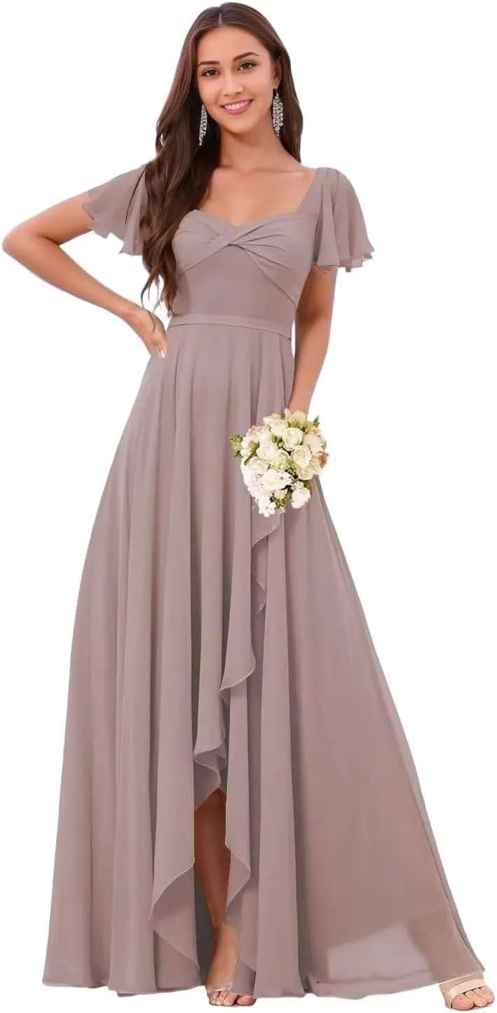 DREAMIND Long Chiffon Bridesmaid Dresses for Women Flutter Sleeve Formal Evening Dress with Slit CY0075