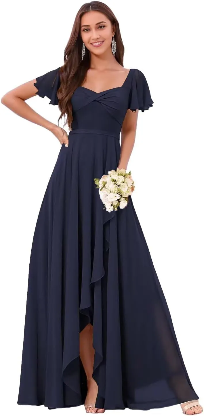 DREAMIND Long Chiffon Bridesmaid Dresses for Women Flutter Sleeve Formal Evening Dress with Slit CY0075