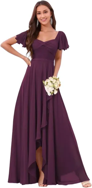 DREAMIND Long Chiffon Bridesmaid Dresses for Women Flutter Sleeve Formal Evening Dress with Slit CY0075