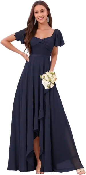 DREAMIND Long Chiffon Bridesmaid Dresses for Women Flutter Sleeve Formal Evening Dress with Slit CY0075