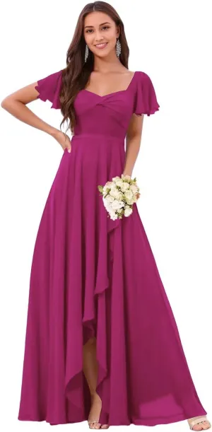 DREAMIND Long Chiffon Bridesmaid Dresses for Women Flutter Sleeve Formal Evening Dress with Slit CY0075